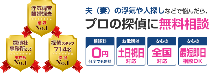 夫（妻）の浮気や人探しなどで悩んだら、プロの探偵に無料相談 相談料0円何度でも無料 お電話は土日祝日対応 安心の全国対応 安心の最短即日相談OK 浮気調査・離婚調査業界No.1 探偵社事務所として支店数No.1 探偵スタッフ714名探偵No.1